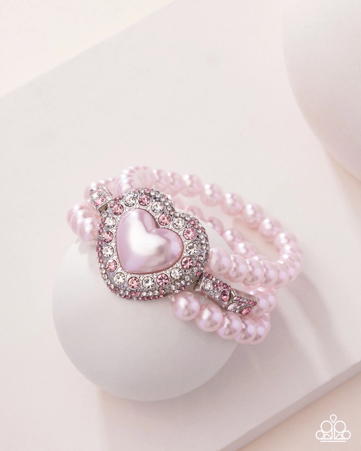 Lifelong Love Letter - Pink Pearl Rhinestone Silver Heart Stretch Bracelet Paparazzi 2025 Convention Exclusive B2333
