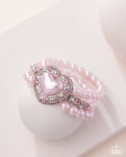 Lifelong Love Letter - Pink Pearl Rhinestone Silver Heart Stretch Bracelet Paparazzi 2025 Convention Exclusive B2333