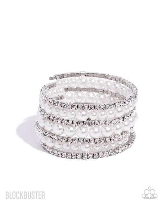 Finalized Flair - White Pearl Rhinestone Silver Coil Bracelet - Blockbuster 2025 Exclusive - Paparazzi B2454