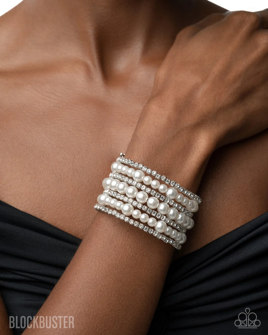 Finalized Flair - White Pearl Rhinestone Silver Coil Bracelet - Blockbuster 2025 Exclusive - Paparazzi B2454