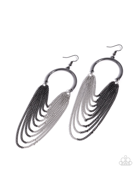 Focused Fringe - Black Gunmetal & Silver Chain Chandelier Earring 2025 Convention Exclusive Paparazzi E3062