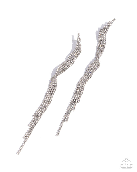 Paparazzi Flashy Following - White Rhinestone Twist Tassel Earring