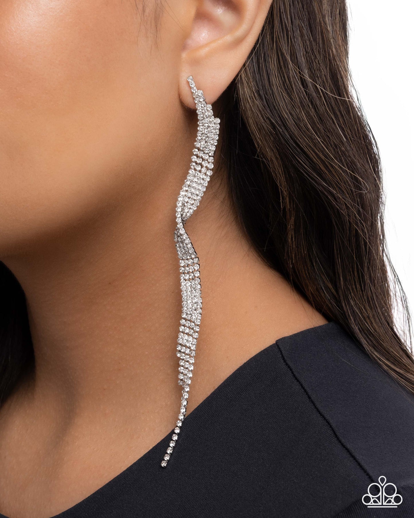 Paparazzi Flashy Following - White Rhinestone Twist Tassel Earring