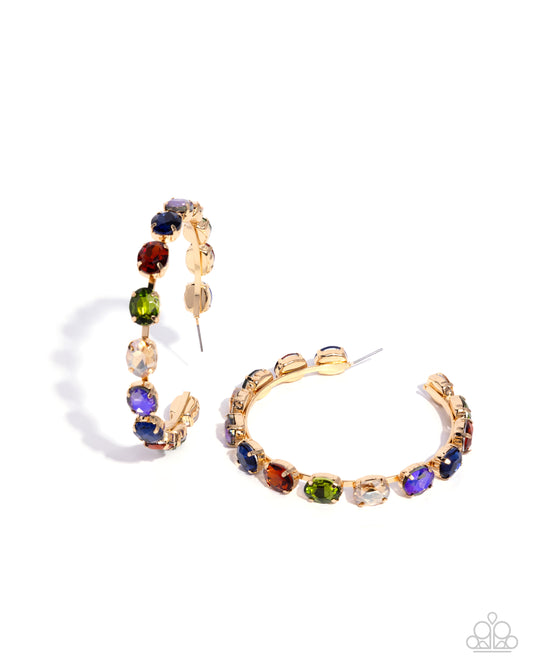 Paparazzi Grand Finale Glitz - Multicolored Gem 2 3/4 Inch Gold Hoop Earring