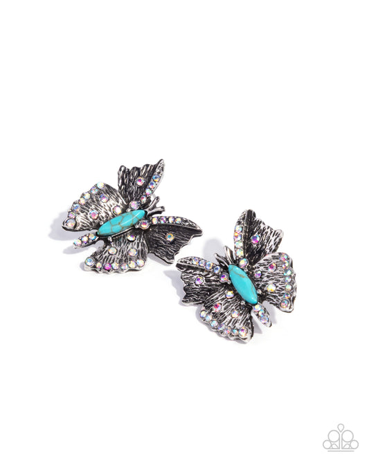 Paparazzi Hovering Harmony - Blue Turquoise Stone Silver Butterfly Post Earring