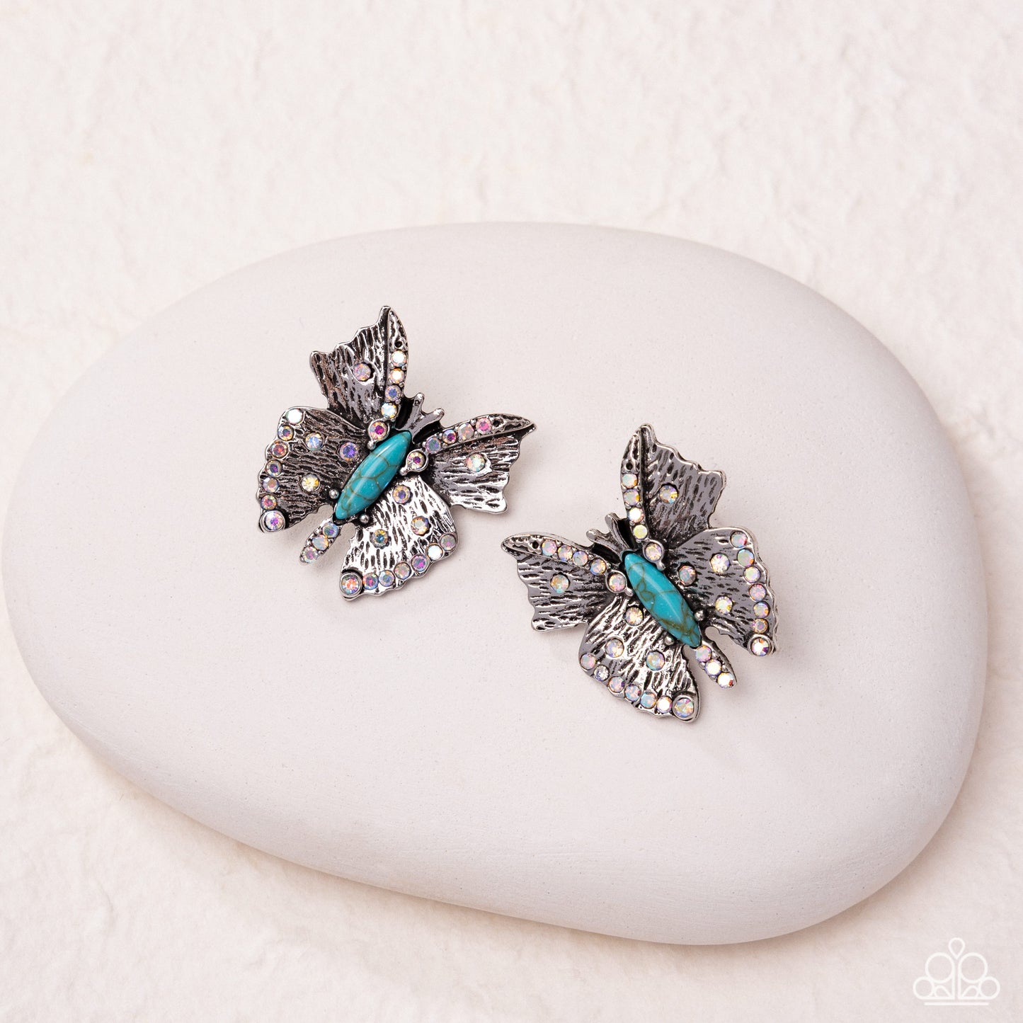Paparazzi Hovering Harmony - Blue Turquoise Stone Silver Butterfly Post Earring