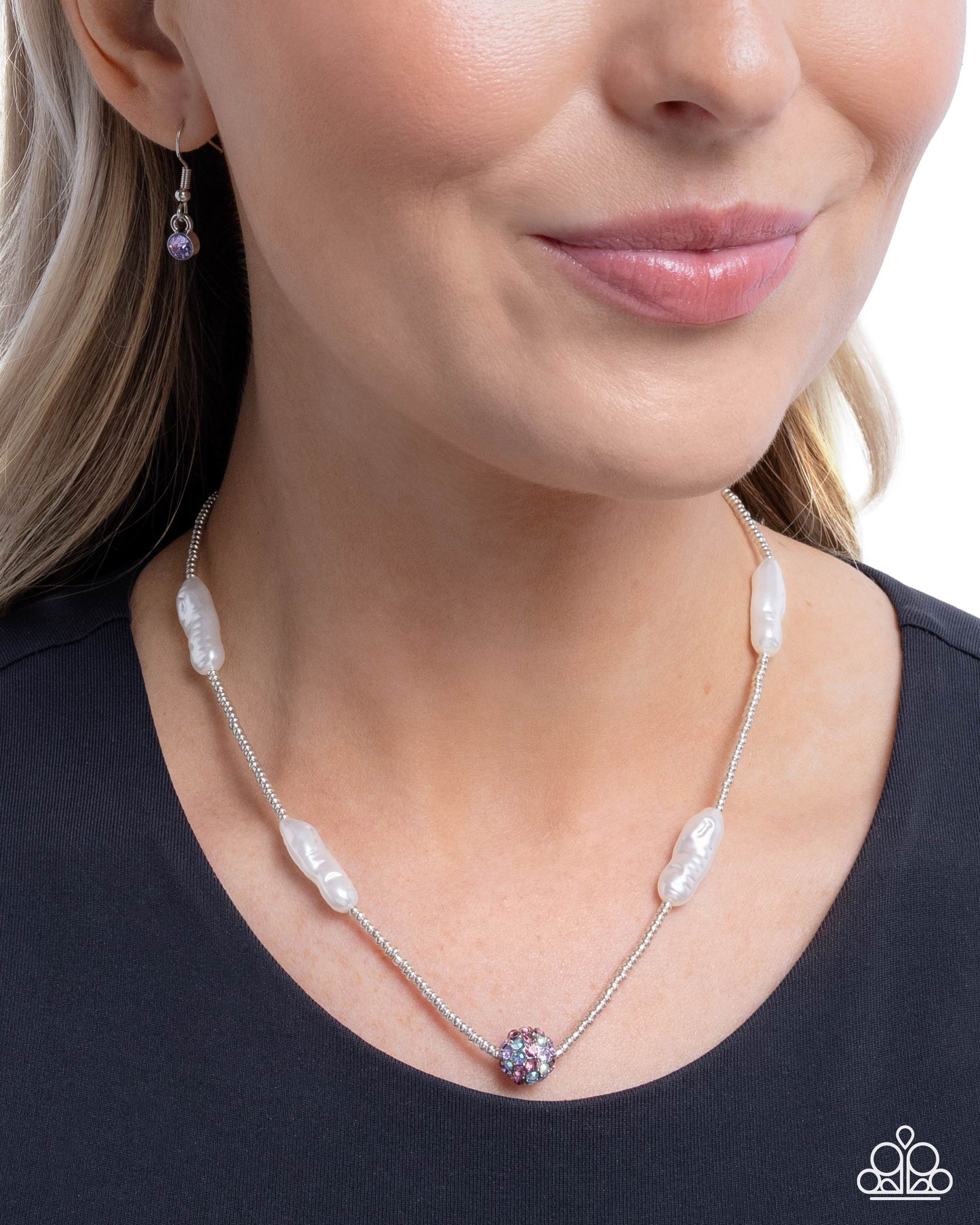 Paparazzi Baroque Ballroom - Purple, Light Amethyst, Violet & Aquamarine Rhinestone & White Pearl Bead Necklace N3923