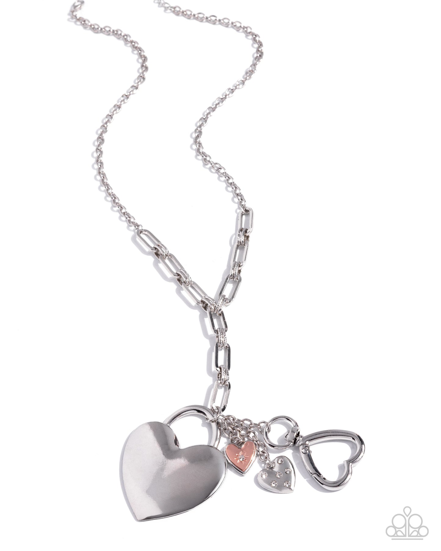 Paparazzi Elegant Empathy - Multi White Rhinestone Silver Heart, Heart Padlock, Shiny Copper Heart Charm Style Necklace N3849