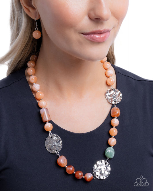 Contemplative Chic - Multicolored Acrylics Orange, Green, Brown & Hammered Silver Disc Necklace Paparazzi N3642