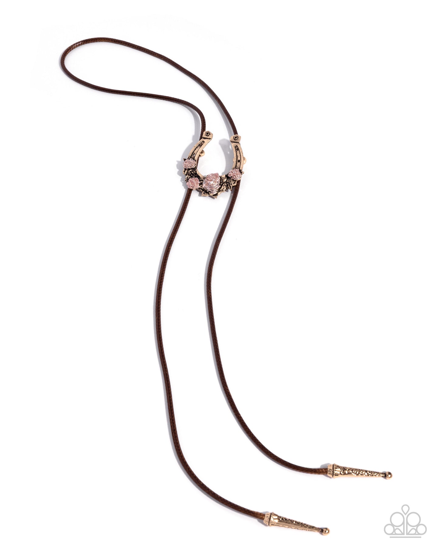 Paparazzi Western Wish - Brown Cording, Gold Horseshoe & Rose Gold Painted Roses Bolo Necklace N3674