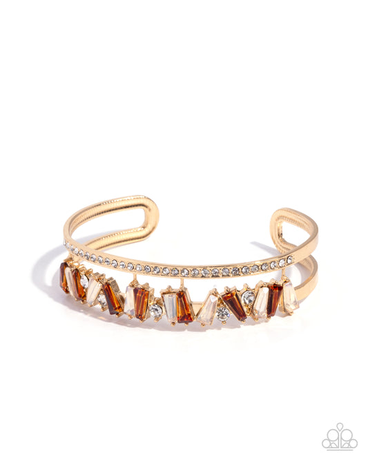 Sculpted Splendor - Brown Topaz, Light Peach Gem & White Rhinestone Gold Cuff Bracelet Paparazzi B2374