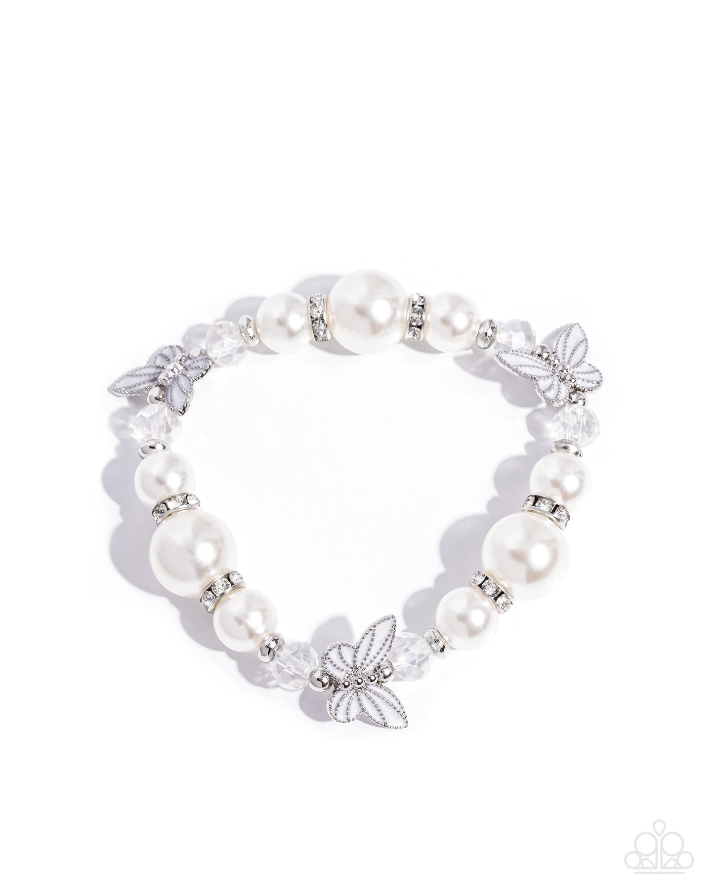 Paparazzi Soaring Sheen - White Pearl, Rhinestone & White Pearl Painted Butterfly Stretch Bracelet