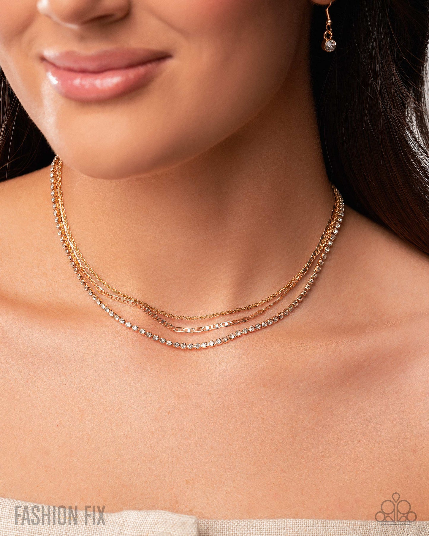 Matching Moment - Gold White Rhinestone Necklace Sunset Sightings July 2025 Fashion Fix Paparazzi N3472