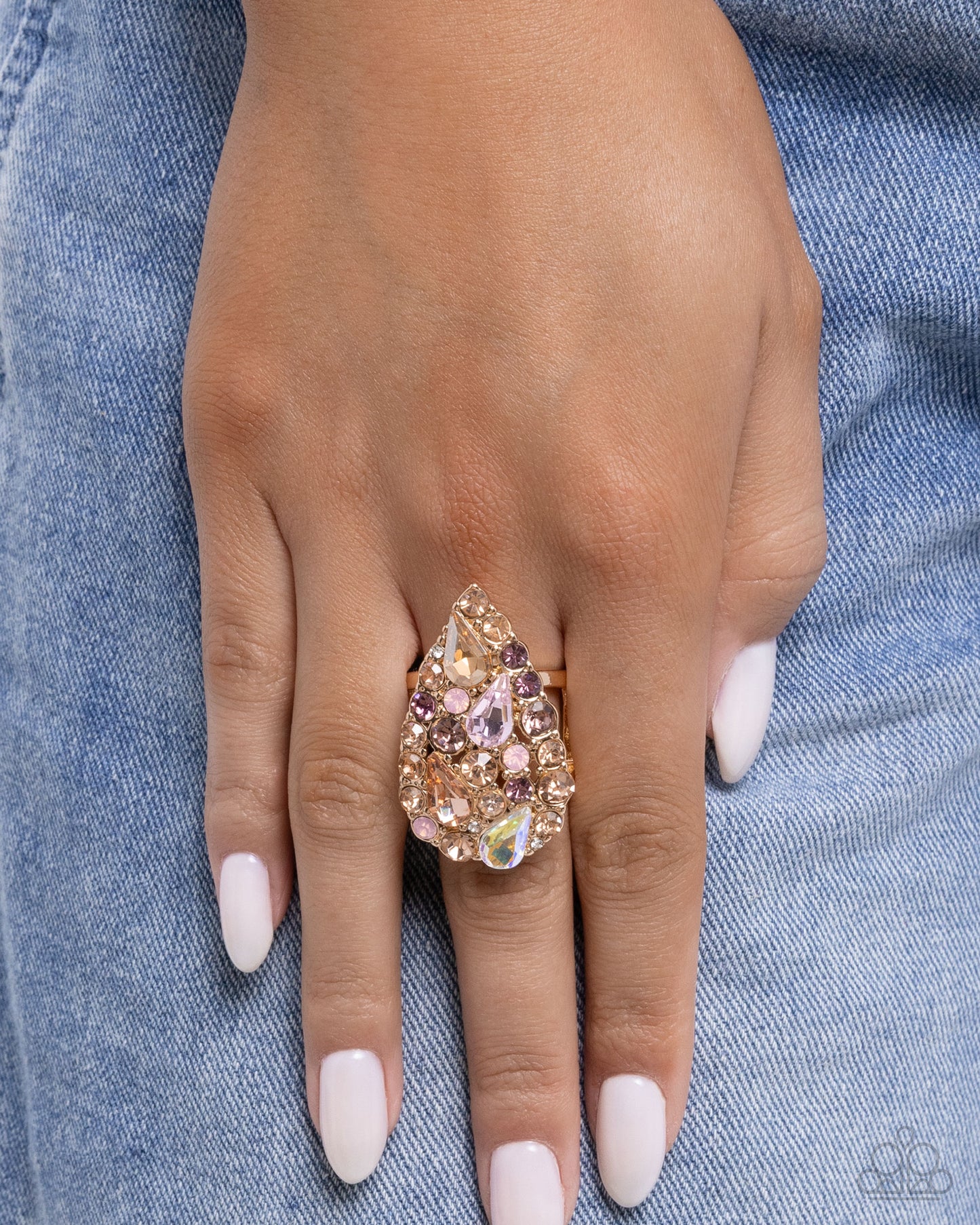 Gatsby Gamut - Pink Rose Water Opalescent, Light Amethyst, Peach, White Rhinestone Cocktail Style Ring Paparazzi R1156