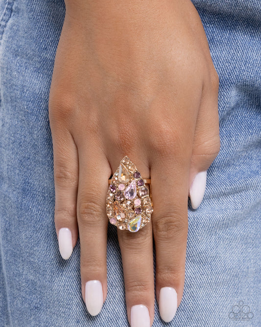 Gatsby Gamut - Pink Rose Water Opalescent, Light Amethyst, Peach, White Rhinestone Cocktail Style Ring Paparazzi R1156
