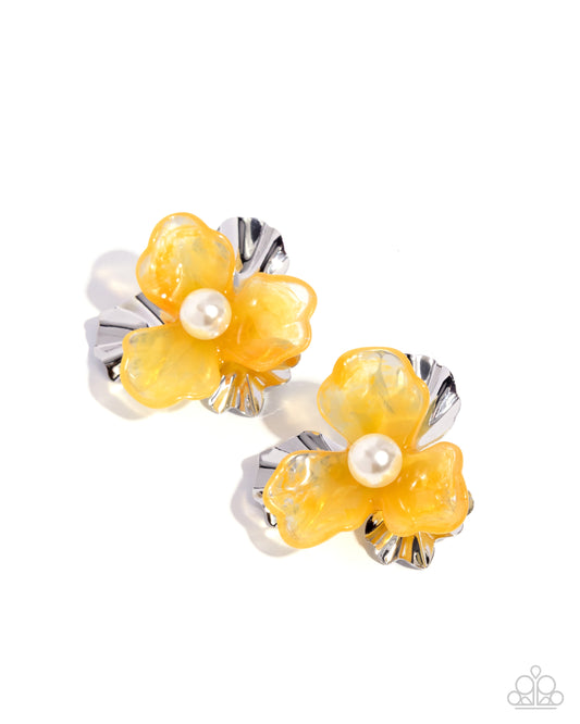 Frank Flowers - Yellow Acrylic Silver Flower Post Earring Paparazzi