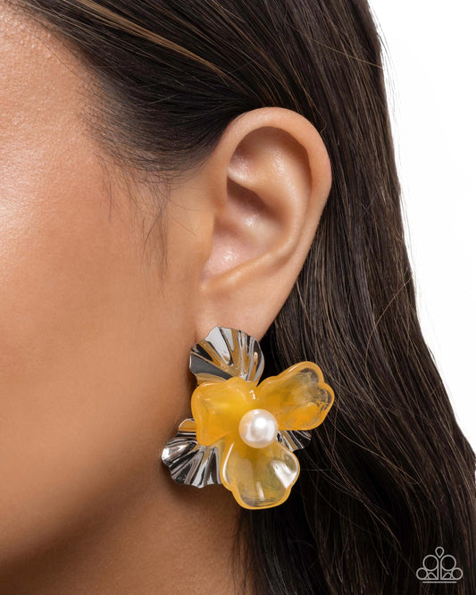 Frank Flowers - Yellow Acrylic Silver Flower Post Earring Paparazzi