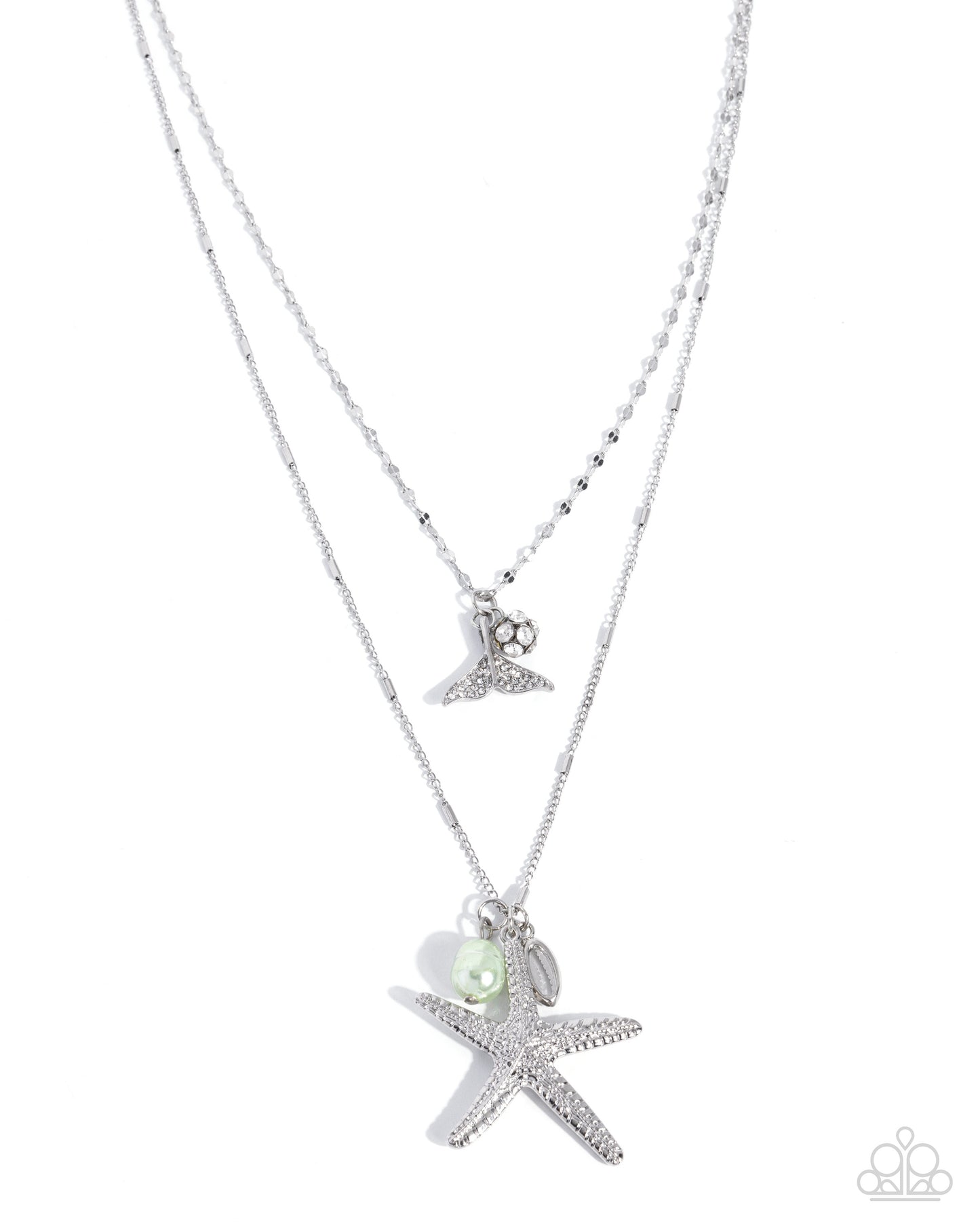 Paparazzi Coral Class - Green Lime Cream Pearl Silver Starfish Mermaid Tail Layered Necklace N4038