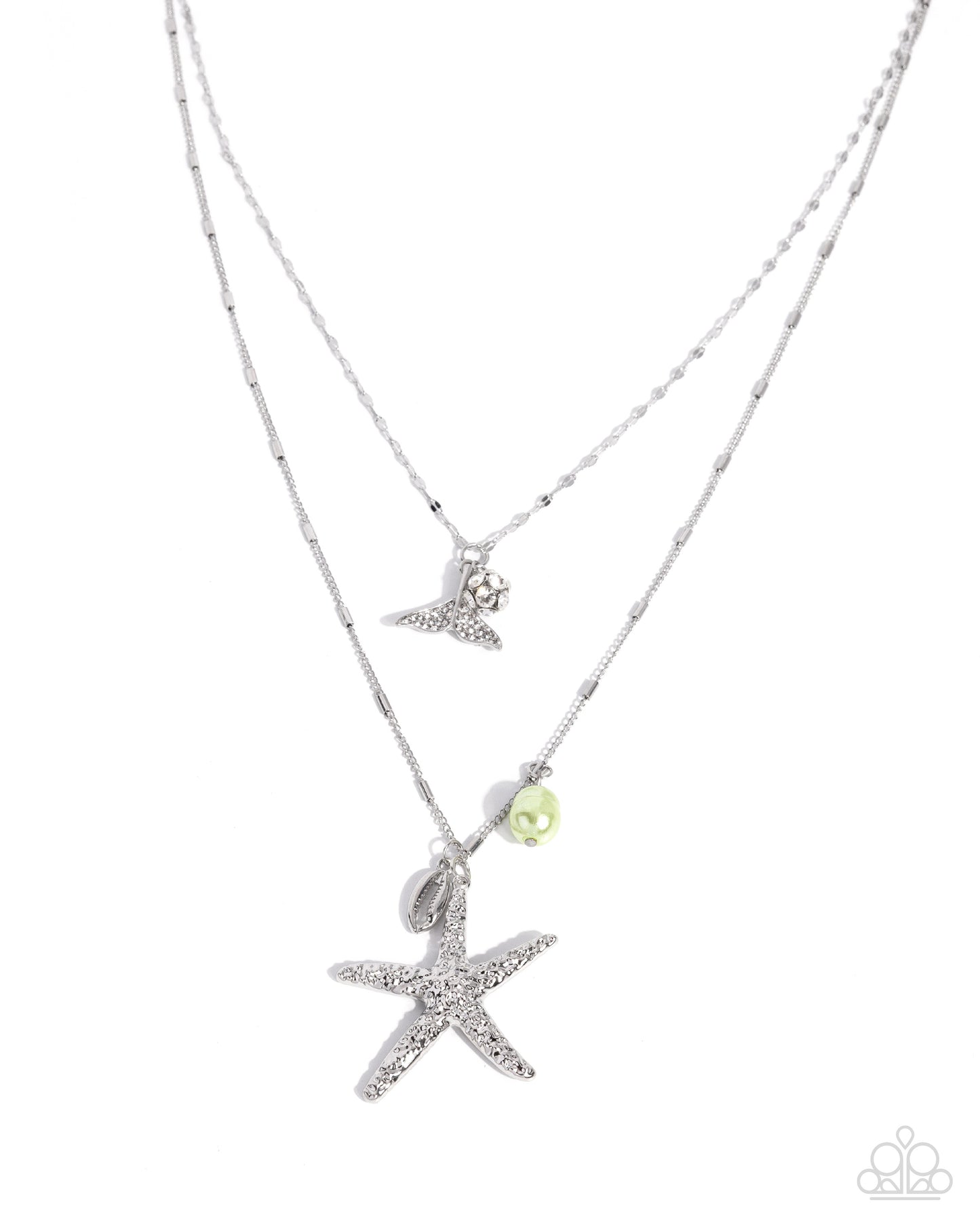 Paparazzi Coral Class - Green Lime Cream Pearl Silver Starfish Mermaid Tail Layered Necklace N4038