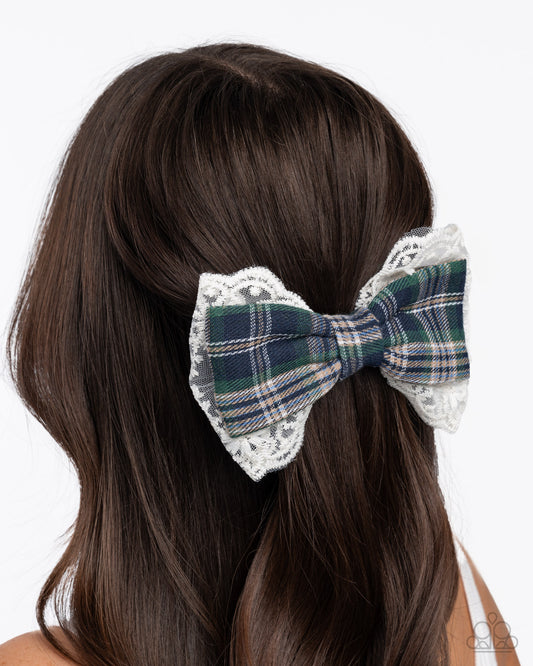 Ready to BOW? - Blue, Green Plaid & White Lace Ribbon Hair Bow Clip Paparazzi H0215