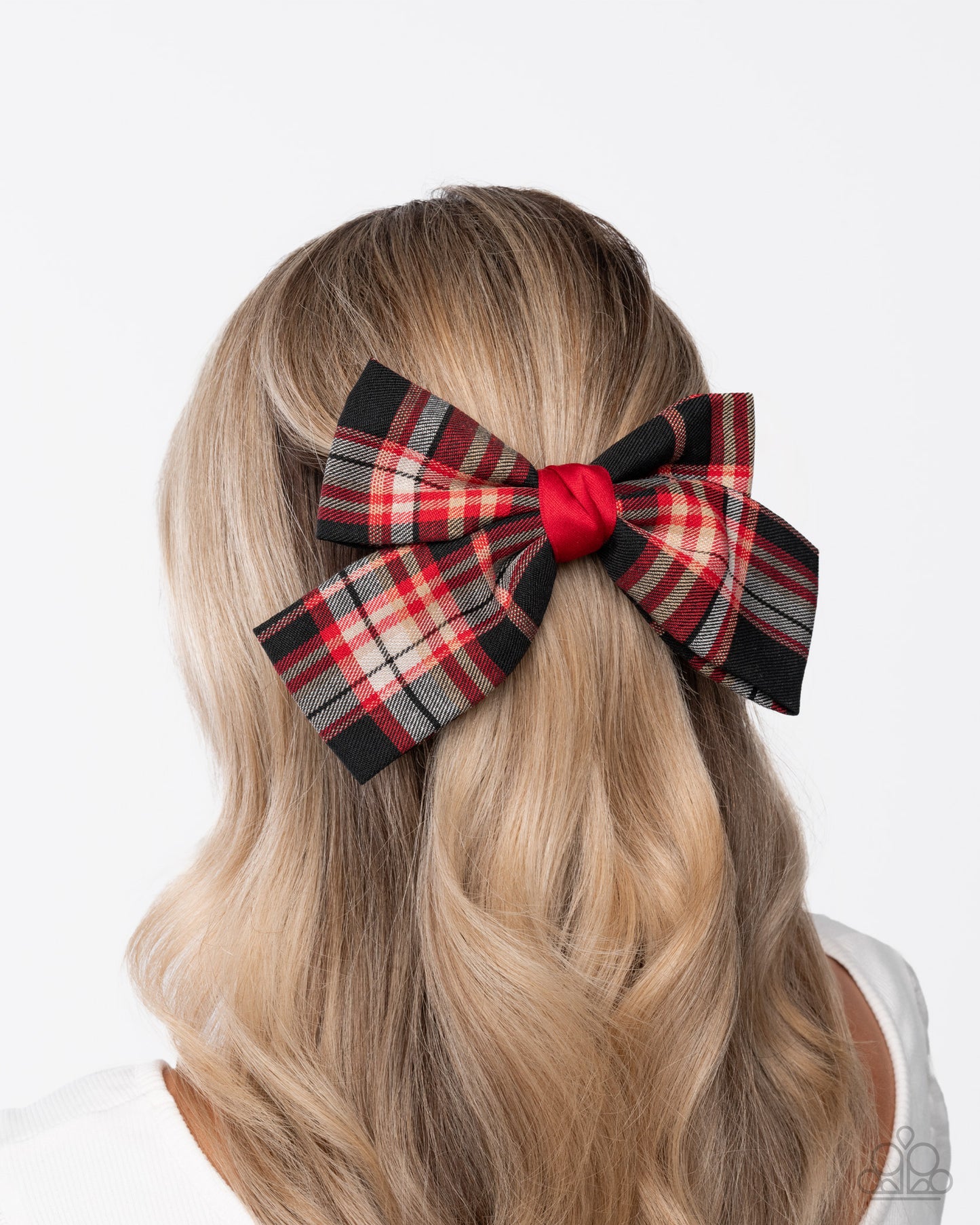 Front BOW Seat - Red, Black Plaid Bow Hair Clip Paparazzi H0212