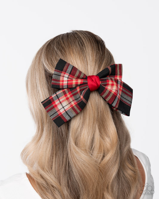 Front BOW Seat - Red, Black Plaid Bow Hair Clip Paparazzi H0212