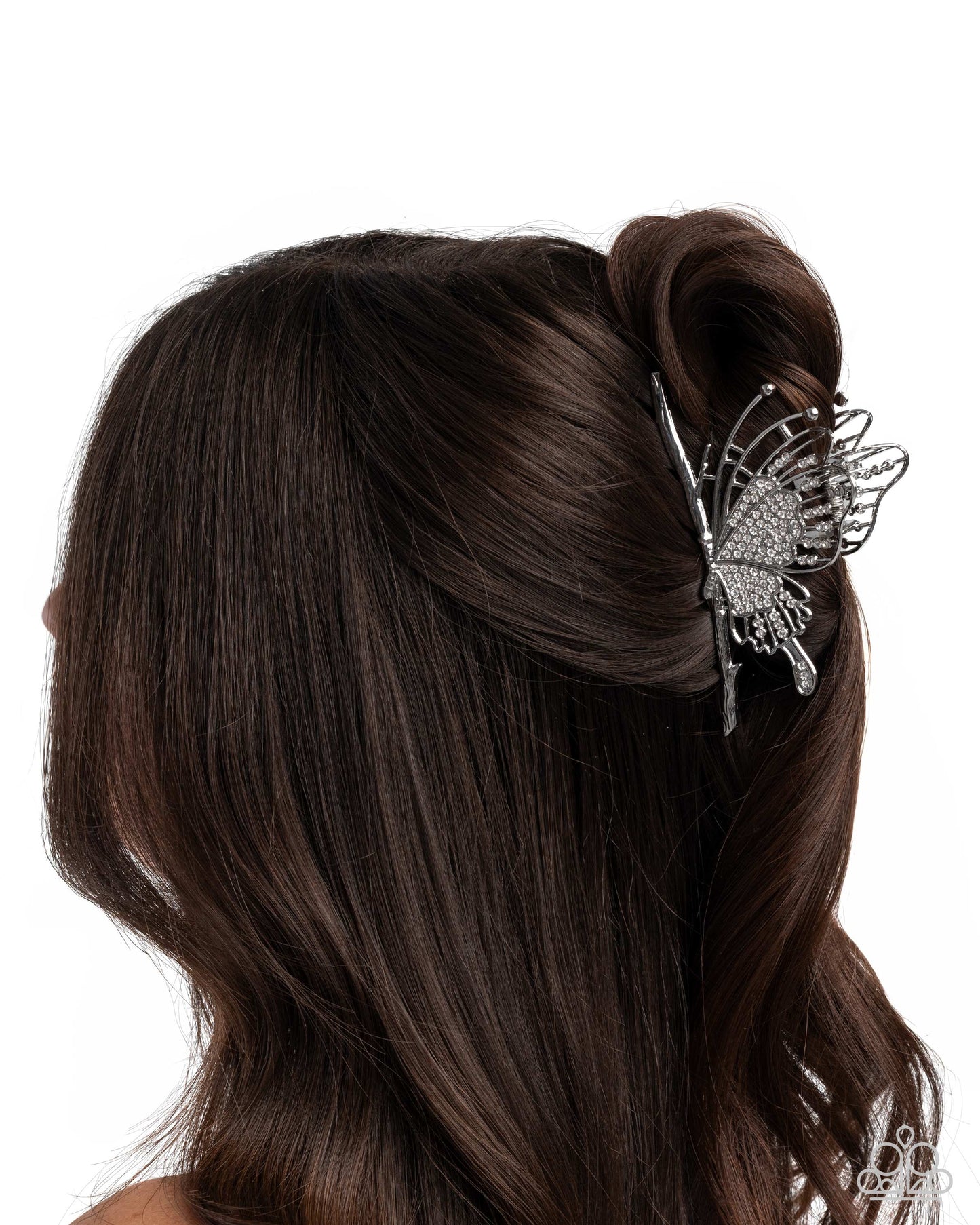 Layered Landing - White Rhinestone Embellished Silver Butterfly Hair Claw Clip Paparazzi H0206