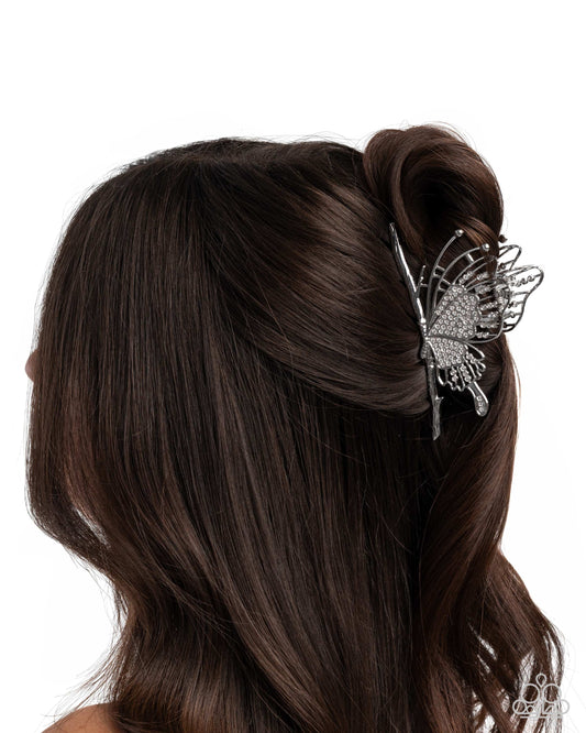Layered Landing - White Rhinestone Embellished Silver Butterfly Hair Claw Clip Paparazzi H0206