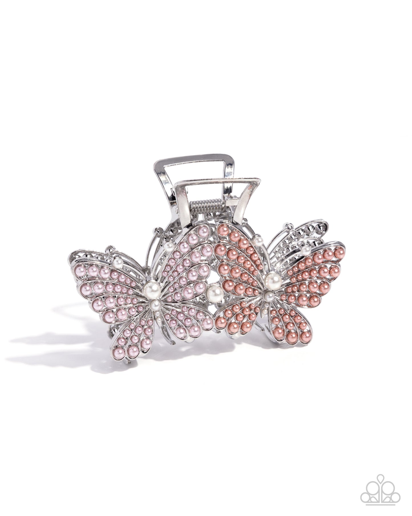Perfect Pairing - Multi Baby Pink, Peach Echo & White Pearl Bead Silver Butterfly Claw Clip Paparazzi H0190