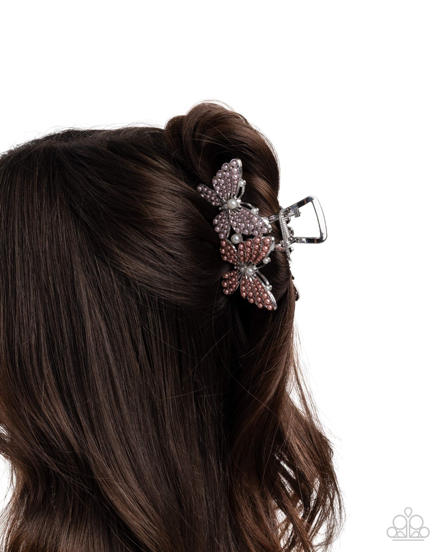 Perfect Pairing - Multi Baby Pink, Peach Echo & White Pearl Bead Silver Butterfly Claw Clip Paparazzi H0190