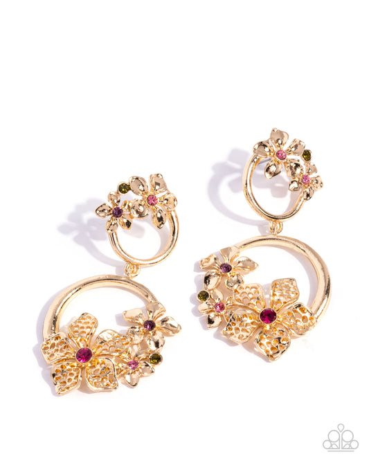 Paparazzi Fairy Freedom - Multi Rose Rhinestone & Gold Flower Earring E3204