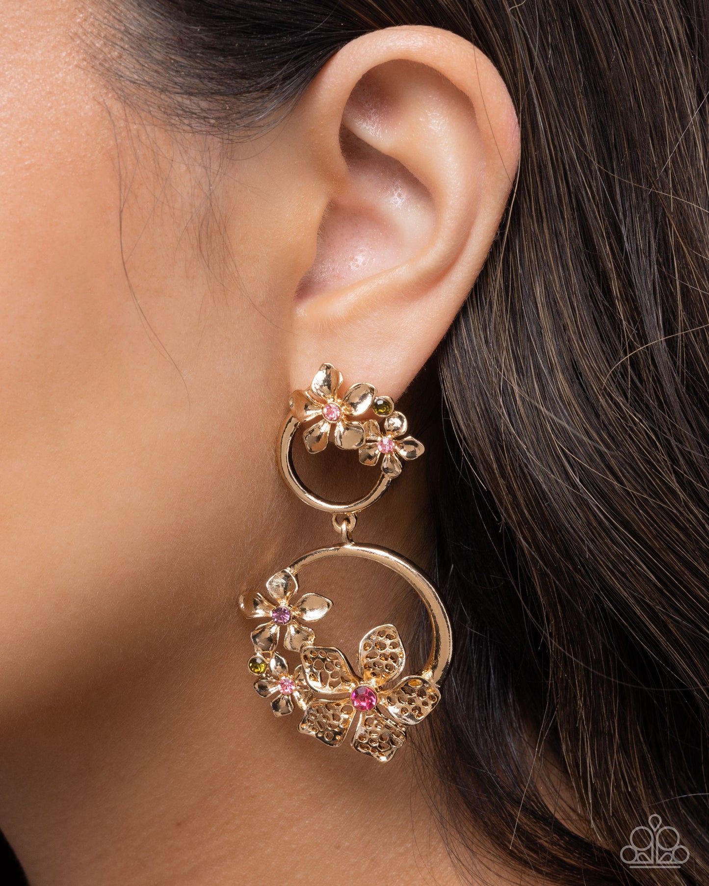 Paparazzi Fairy Freedom - Multi Rose Rhinestone & Gold Flower Earring E3204