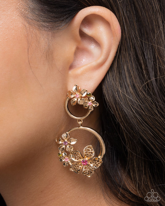 Paparazzi Fairy Freedom - Multi Rose Rhinestone & Gold Flower Earring E3204