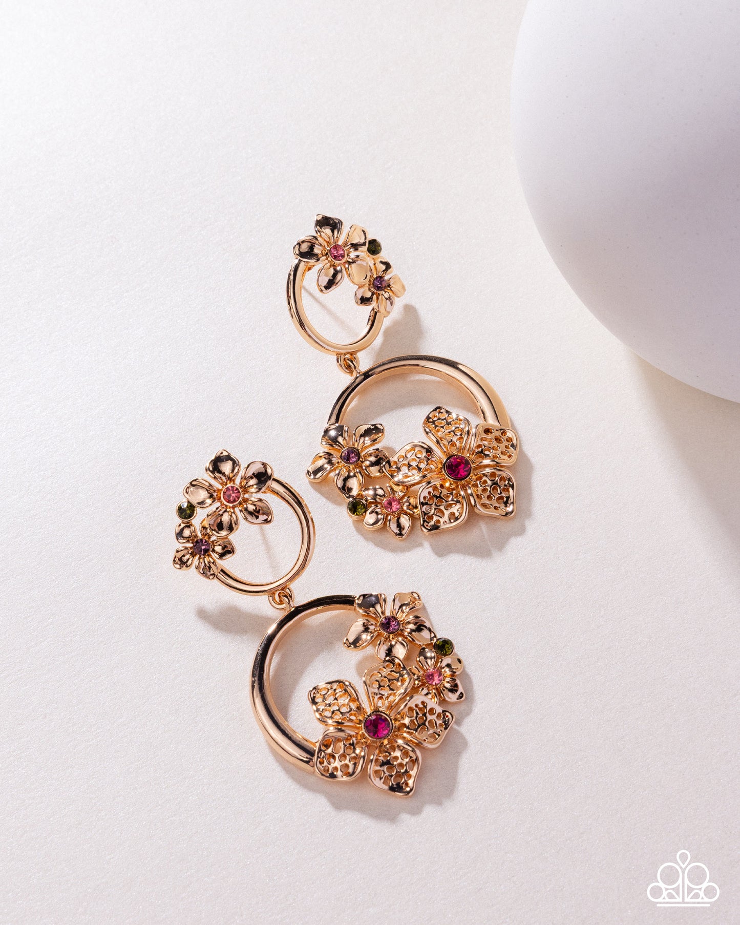 Paparazzi Fairy Freedom - Multi Rose Rhinestone & Gold Flower Earring E3204