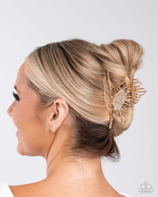 Layered Landing - Gold & White Rhinestone Butterfly Hair Claw Clip Paparazzi H0202