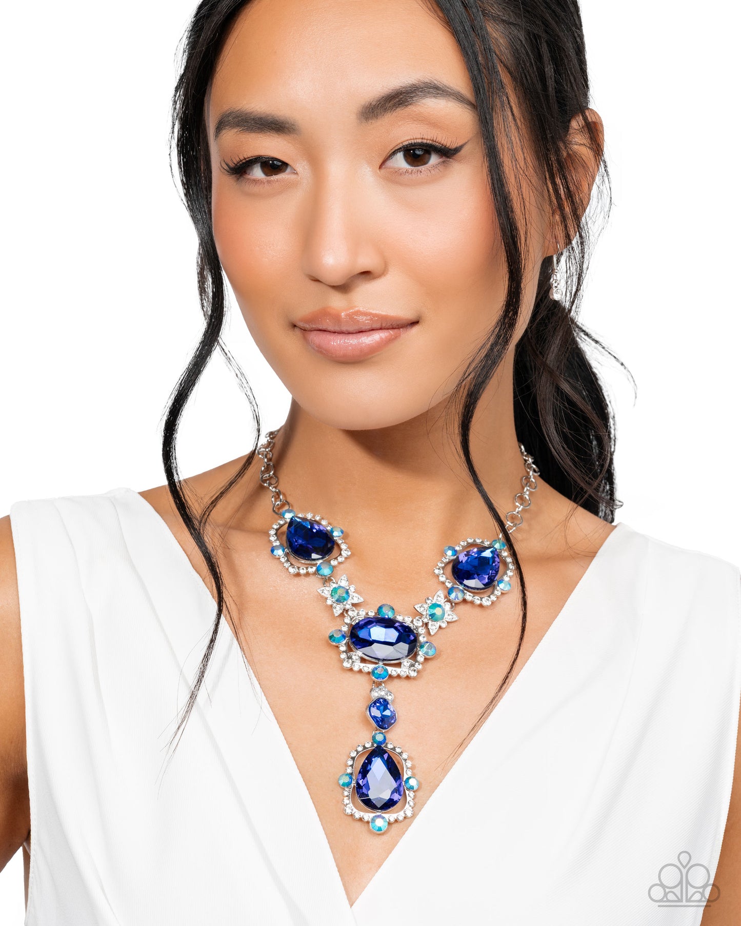 Paparazzi Fancy Formula - Blue Sapphire Iridescent Gem & White Rhinestone Y Necklace Life Of The Party February 2026 N3904