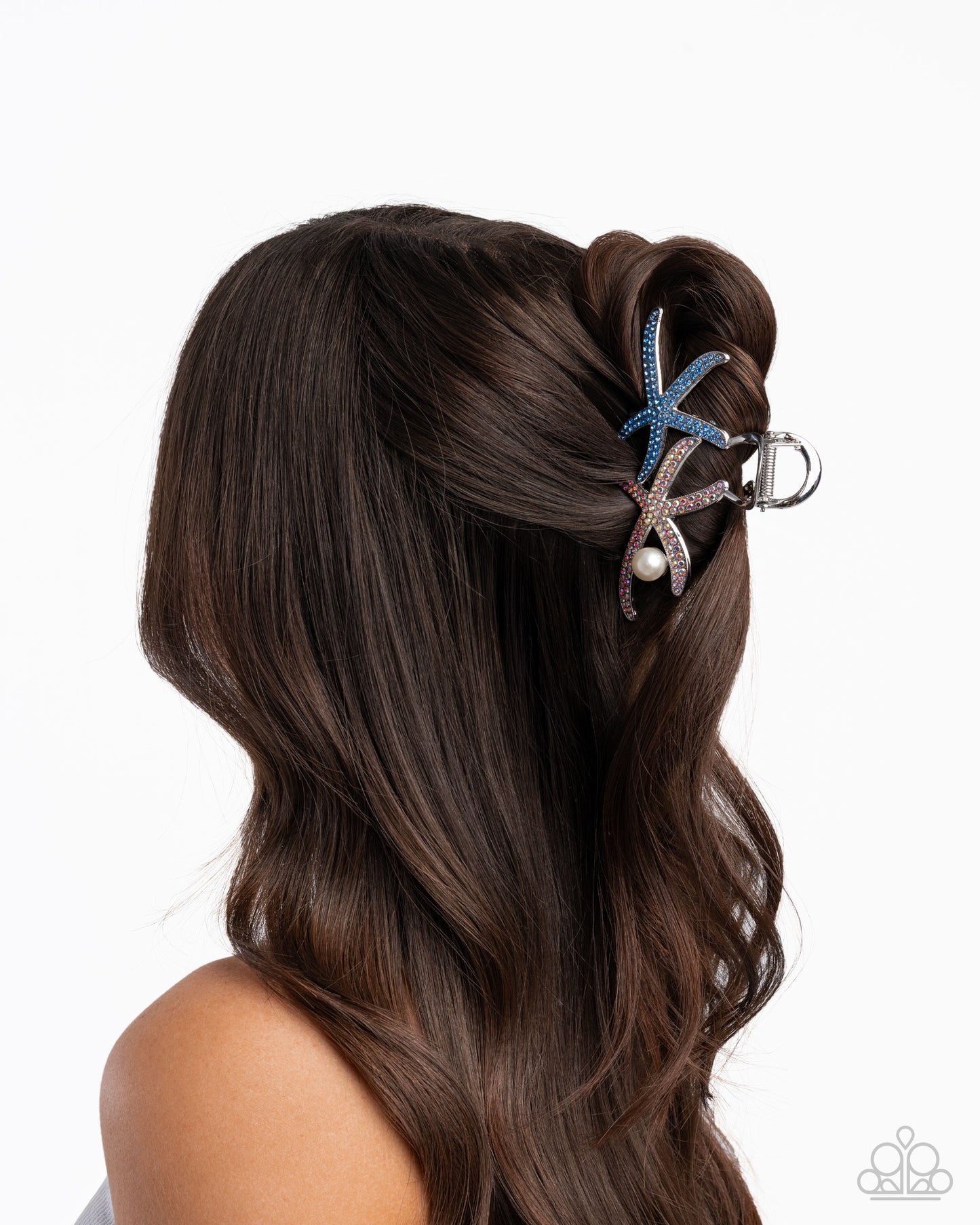 Stunning Starfish - Multicolored Light Sapphire & Light Peach iridescent Rhinestone Starfish Hair Claw Clip Paparazzi H0203