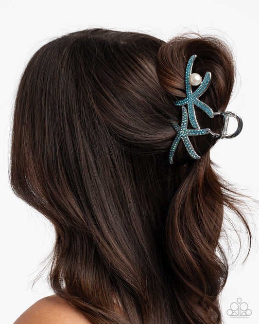 Stunning Starfish - Blue Aquamarine & Iridescent Rhinestone Silver Starfish Beach Style Metal Hair Claw Clip Paparazzi H0209