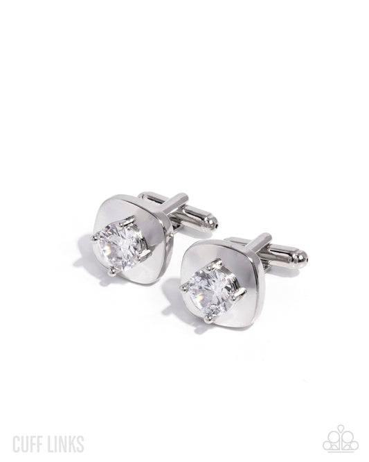 Emboldened Elegance - White Gem Silver French Cuff Link Paparazzi CL015