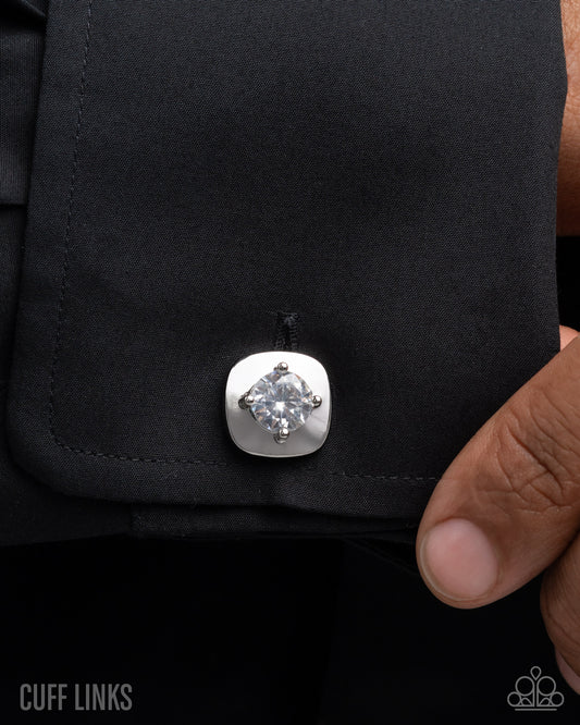 Emboldened Elegance - White Gem Silver French Cuff Link Paparazzi CL015