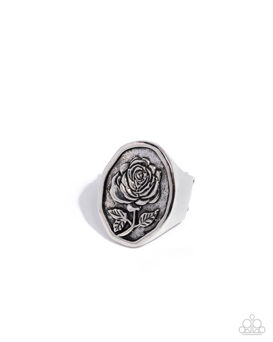 Pleasing Portrait - Silver Rose Design Flower Signet Ring Paparazzi R1134