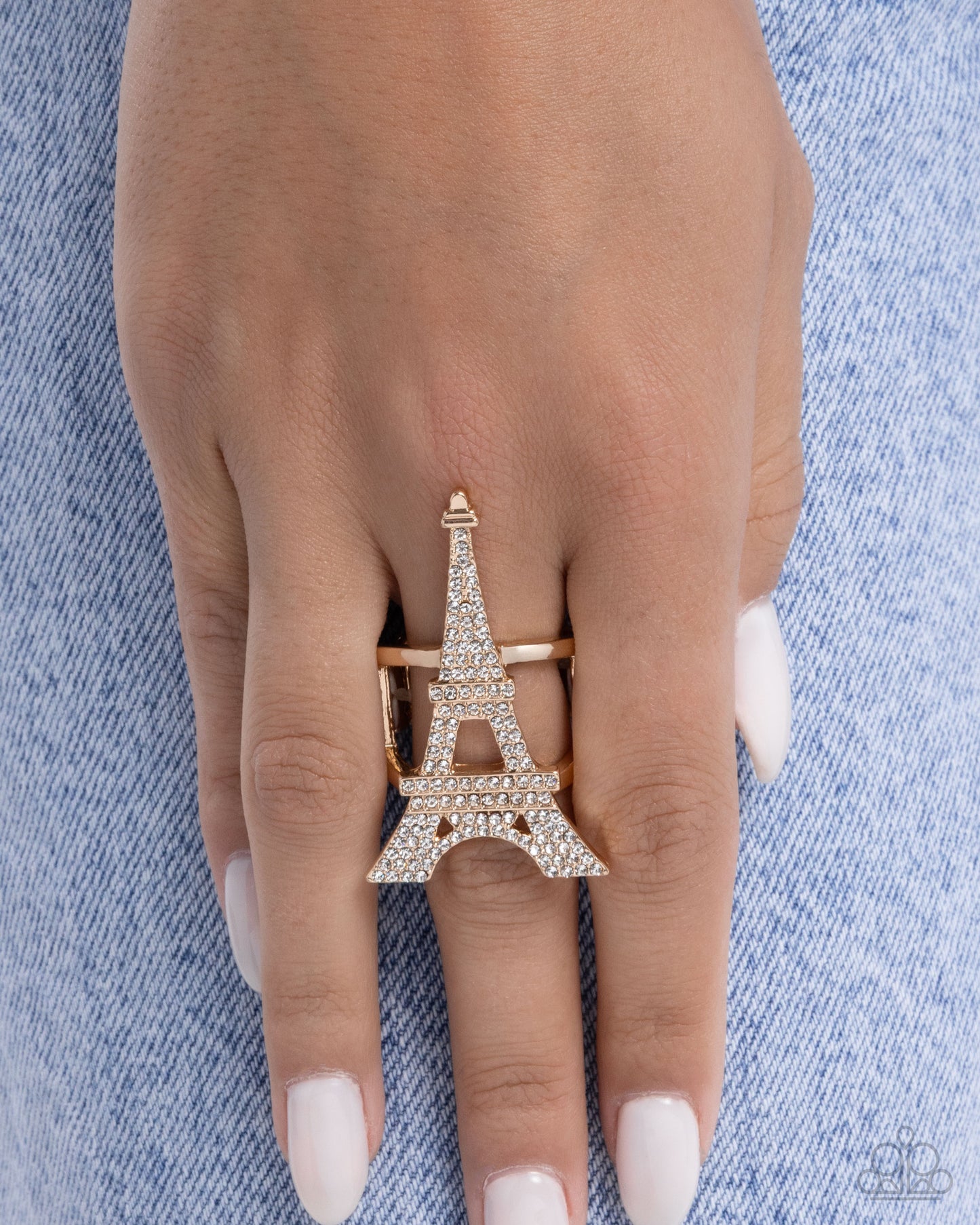Paparazzi Eiffel Tower Ease - Gold & White Rhinestone French Style Ring R1285
