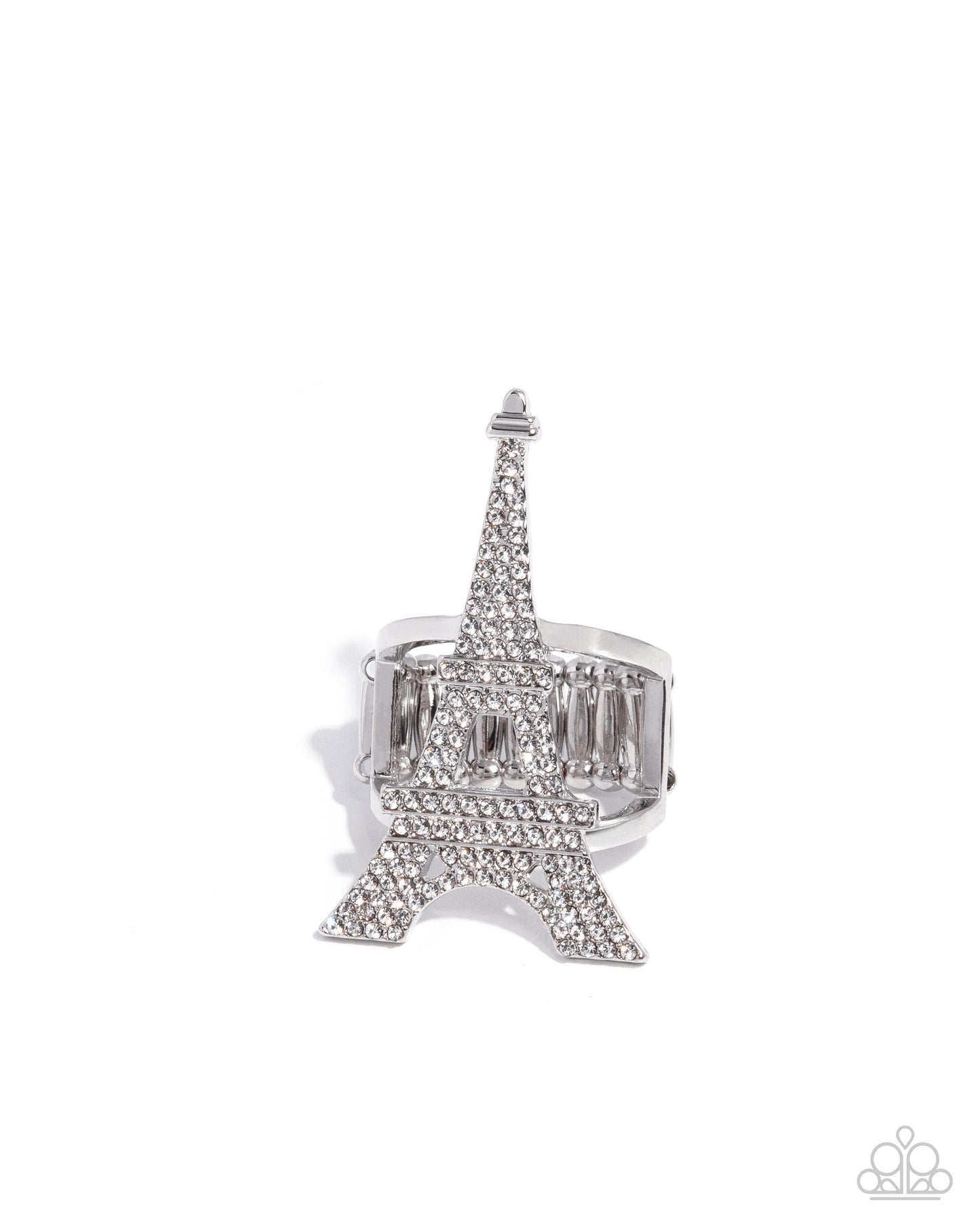 Eiffel Tower Ease - White Rhinestone Silver Eiffel Tower Statement Ring Paparazzi R1197