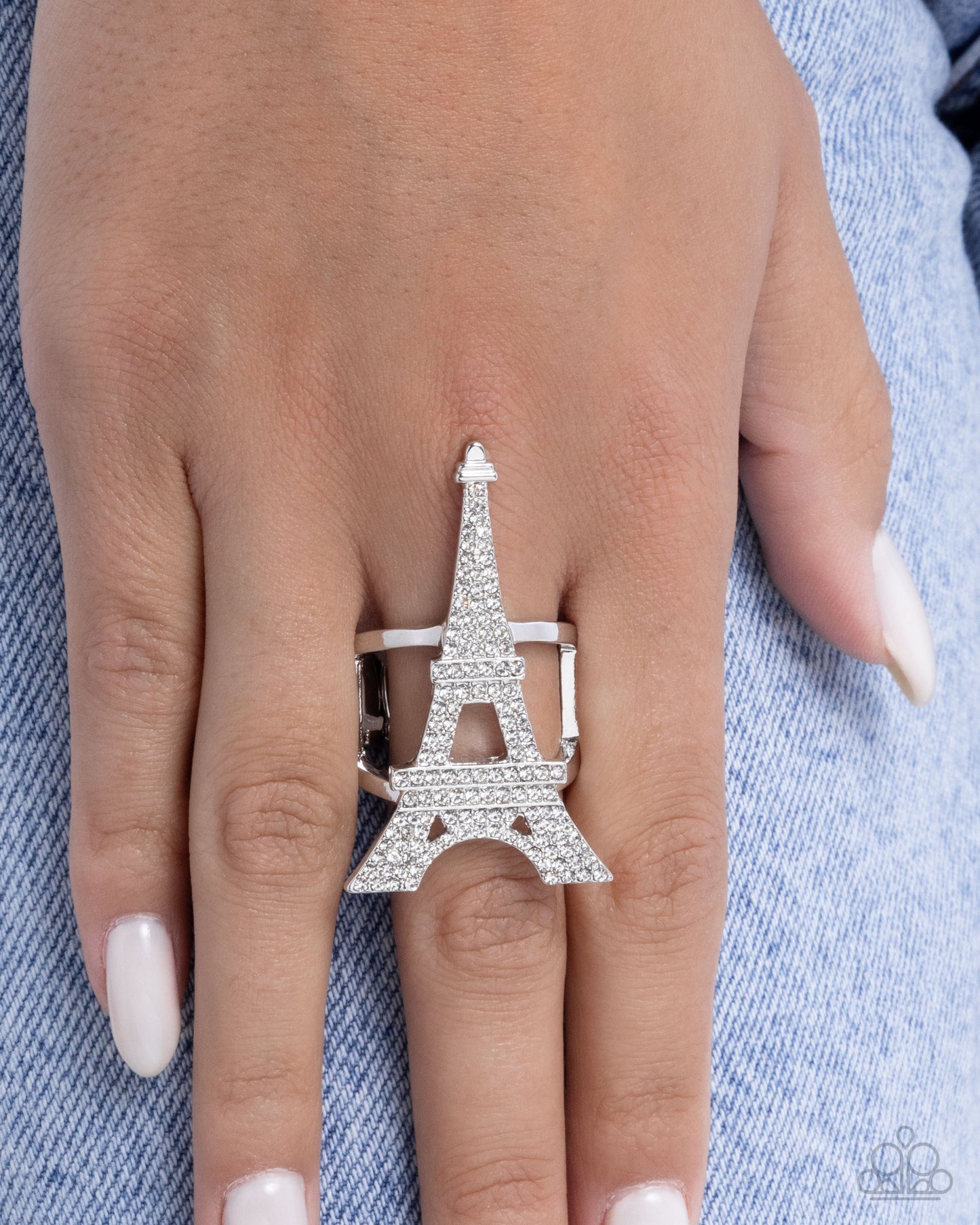 Eiffel Tower Ease - White Rhinestone Silver Eiffel Tower Statement Ring Paparazzi R1197