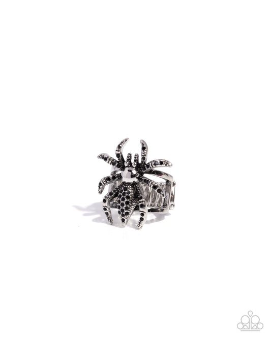 Tarantula Twist - Black Rhinestone Silver Spider Halloween Ring Paparazzi R1173