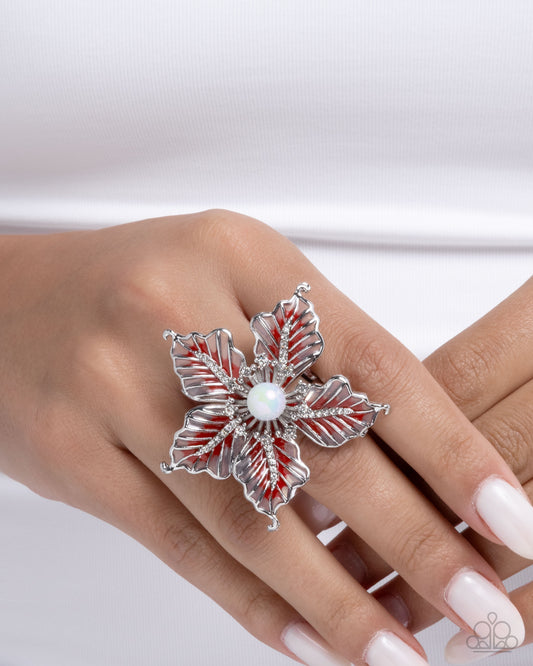 Paparazzi FLORAL Family - Red Vibrant Painted Glittery White Rhinestone Silver Ring