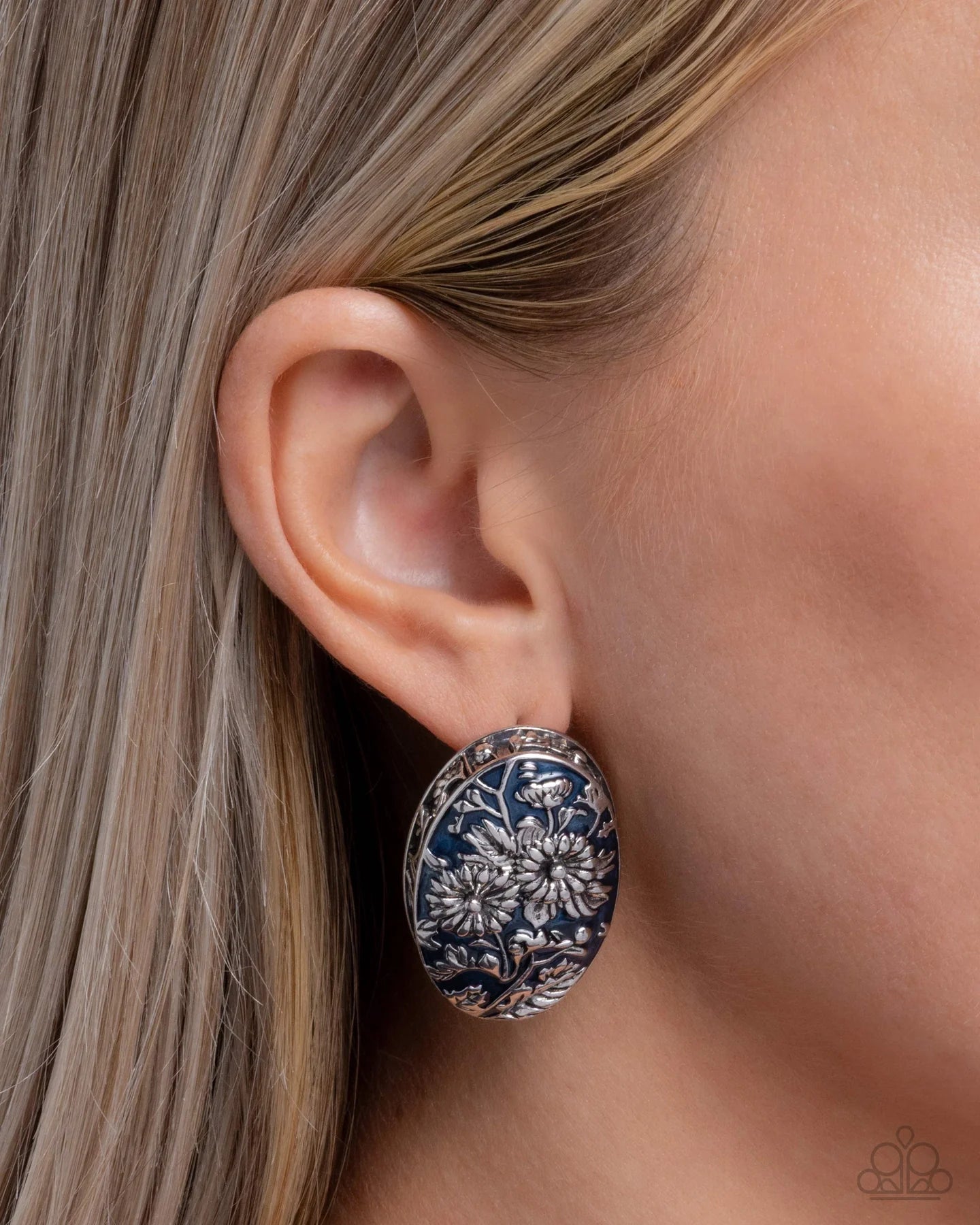 Paparazzi Portrait of Perfection - Blue Oval Silver Floral Sunflower Pattern Post Earrings E3249