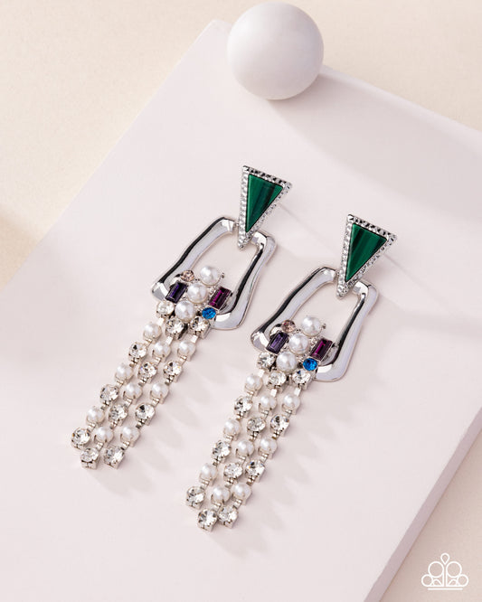 Ravishing Reputation - Green Striped Stone White Pearl & Rhinestone Earring Paparazzi 2025 Convention Exclusive E3060