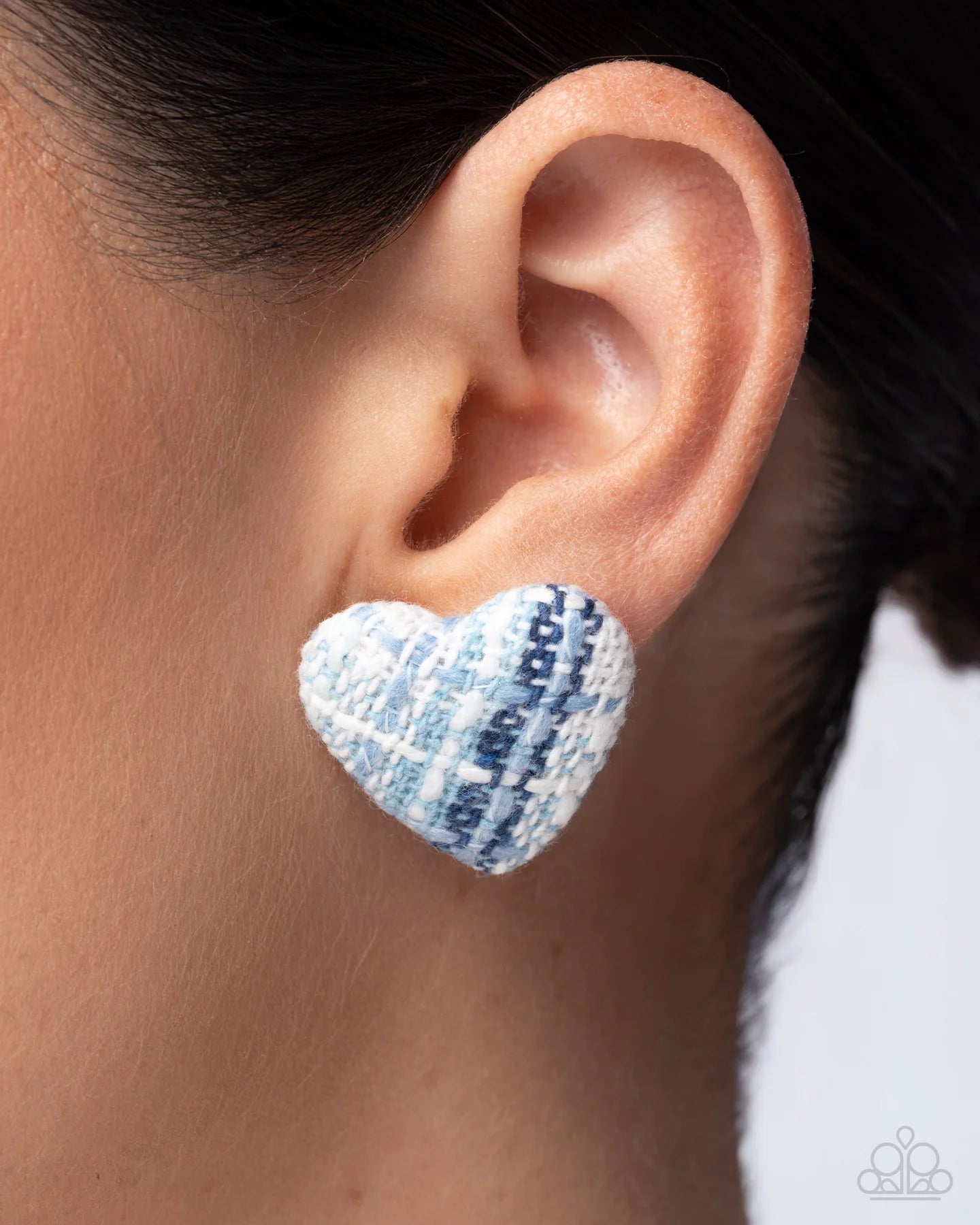 Sweetheart Stitching - Blue Tweed Heart Post Earrings Paparazzi 2025 Convention Exclusive E3005