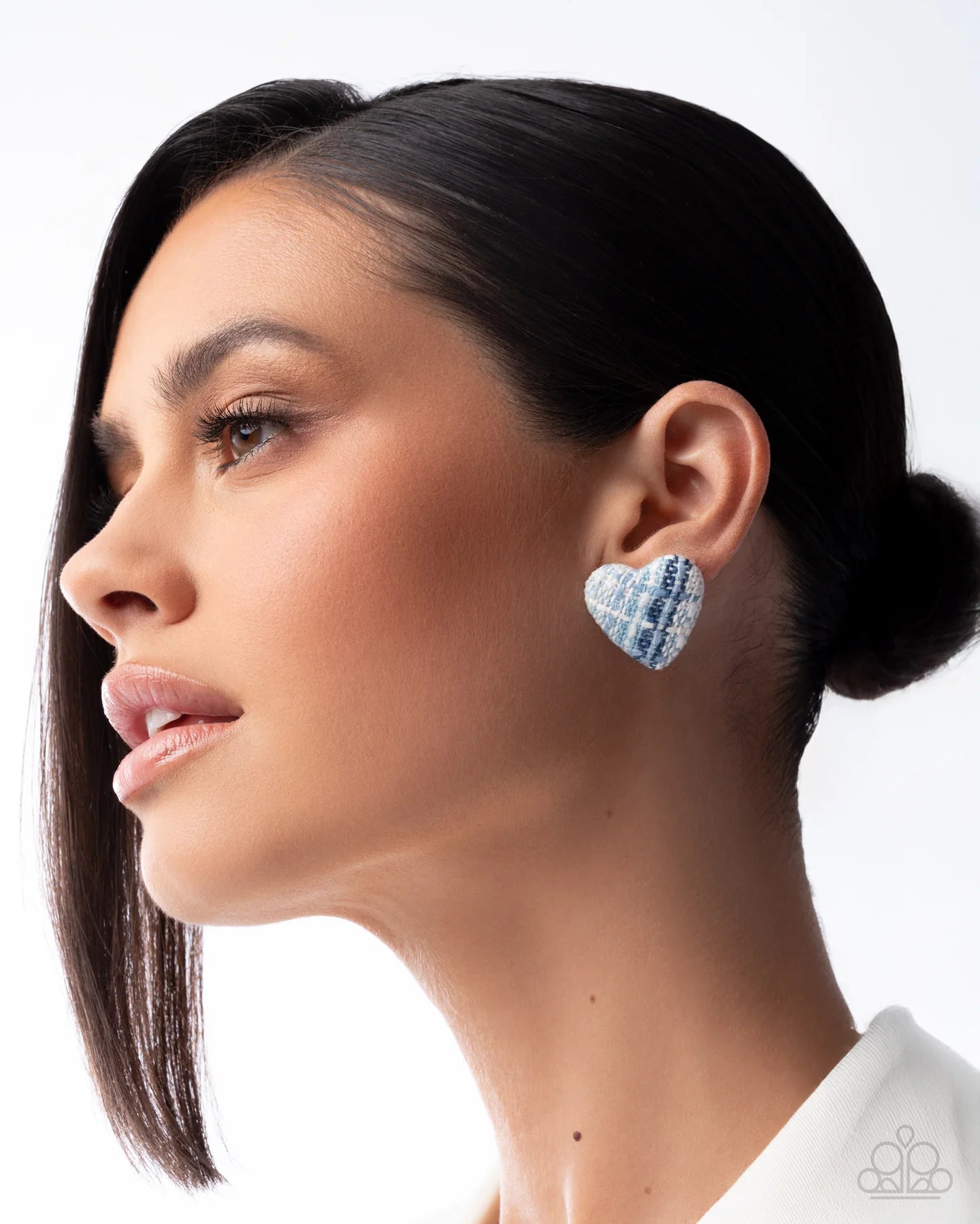 Sweetheart Stitching - Blue Tweed Heart Post Earrings Paparazzi 2025 Convention Exclusive E3005